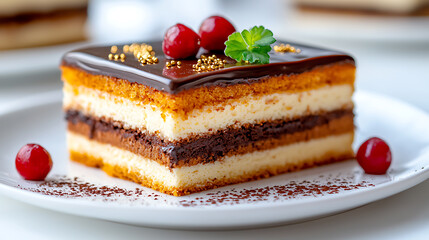 Indulge in an exquisite opera cake experience elegant dessert photography upscale  atmosphere close-up view of culinary art