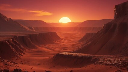 Naklejka premium Dawn on Mars: A low orbital view of the red planet during sunset, visualization