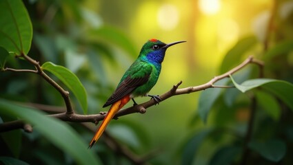 Fototapeta premium Vibrantly colored hummingbird with a blue head perched on a branch in its forest environment. Wildlife of Ecuador. Blue-headed hummingbird. Golden-tailed Sapphire, Chrysuronia oenone, located in Su...