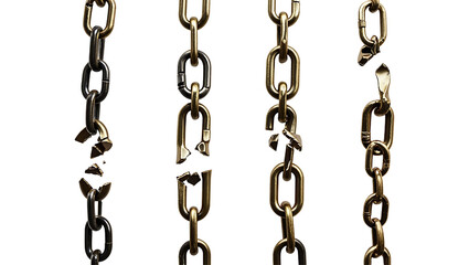 Rusty metal chains with dangling links, antique iron hardware with oxidized textures, isolated on a white background in high contrast