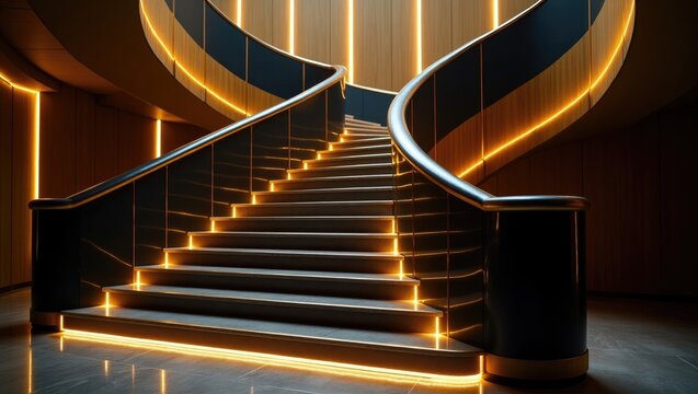 Elegant black and gold staircase illuminated with lighting effects
