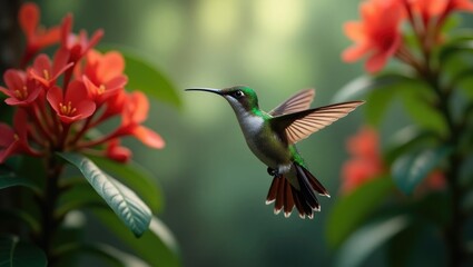 Fototapeta premium Hummingbird in a vibrant floral forest setting. Green Violet-ear, Colibri thalassinus, hovering in the tropical woodland environment of Savegre, Costa Rica. A wildlife moment in the jungle.