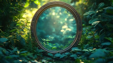 Oval mirror reflecting forest, nature backdrop, fantasy scene