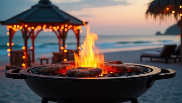 Barbecue grill emitting flames, featuring a round cooking surface. Situated on a beach, with a gazebo adorned with lights in the background, illuminated by twilight.