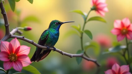 Obraz premium Hummingbird perched in a vibrant flower garden