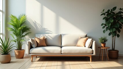 Living room decor featuring a couch and decorative plants.