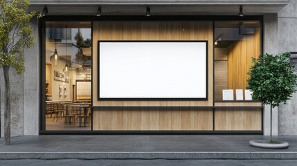 modern restaurant facade with a blank billboard showcasing wood paneling and leafy trees adding an urban touch for advertisement purposes
