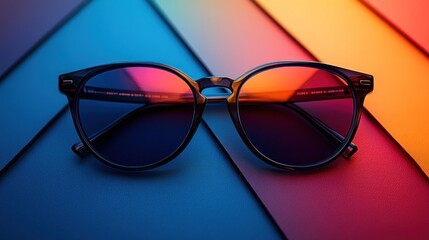 Stylish sunglasses on vibrant geometric background