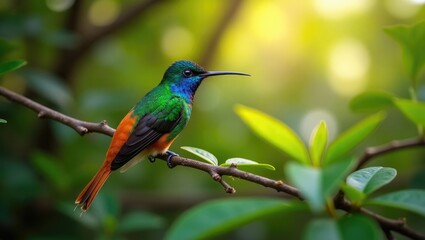 Fototapeta premium Colorful hummingbird with a blue head perched on a branch in its forest environment. Wildlife in Ecuador. Known as the Golden-tailed Sapphire, Chrysuronia oenone, in Sumaco Napo-Galeras National Pa...