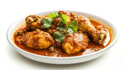 A delicious chicken curry showcases tender pieces of meat immersed in rich, spicy sauce adorned with fresh herbs. Perfect for a cozy meal with family or friends