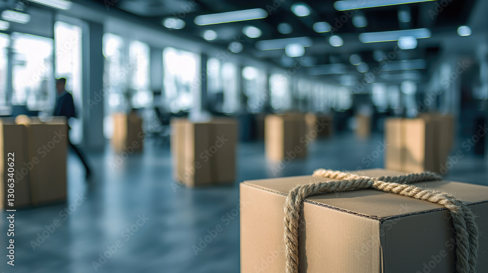 Poster moving boxes in modern office space, showcasing busy environment