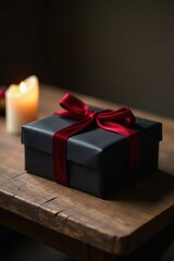 A dark, elegantly wrapped present sits atop a rustic wooden surface, illuminated by the soft glow of a nearby candle.