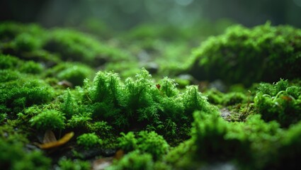 Vibrant green moss carpeting the ground, detailed close-up. Gorgeous wallpaper featuring a lush mossy backdrop.