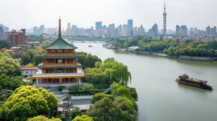 Panoramic View of Shanghai's Pagoda and City Skyline