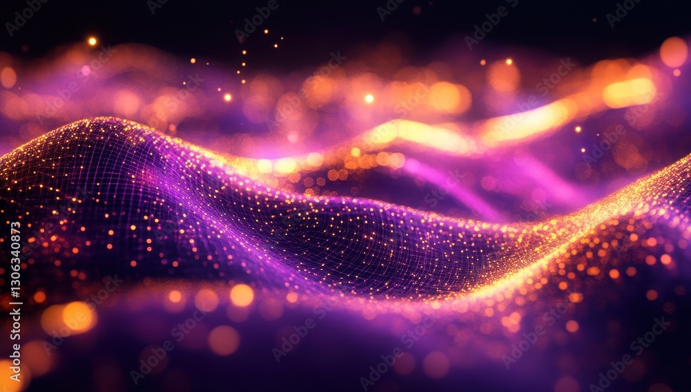 Poster vibrant purple and orange abstract digital waves with glow effects in a dynamic flowing pattern of l