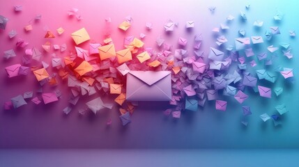 Colorful envelopes exploding from a central envelope, vibrant gradient background