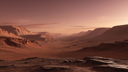 Fototapeta premium Evening Glow on Mars: Mountainous Landscape from the Valley Perspective