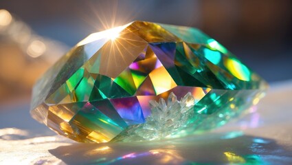 Lustrous and enchanting geometric structure of transparent quartz crystal illuminated by sunlight. Captivating gemstone texture showcasing a rainbow aura. A close-up view revealing the beauty of ge...