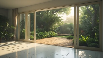 Contemporary loft interior with a view of the garden. The space features large sliding doors and white tiled flooring, overlooking an expansive garden and a wooden deck.