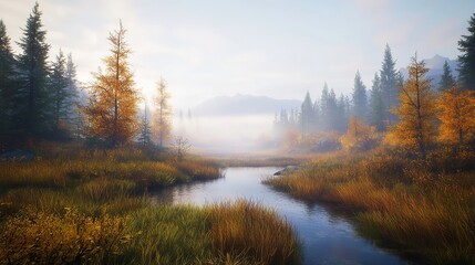 Fototapeta premium Autumn's Gentle Embrace: A Misty River Winding Through a Landscape of Golden Trees and Whispering Grasses, Bathed in Soft, Ethereal Light.