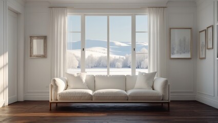 Obraz premium Vision of a bright Scandinavian living space featuring a couch, wooden flooring, framed pictures, and a snowy view outside the window. Nordic home interior design.