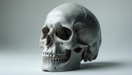 Obraz premium Gray human skull specimen displayed against a white backdrop. Fossil anatomy in paleontology.