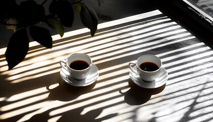 Morning coffee by a window with plant shadows
