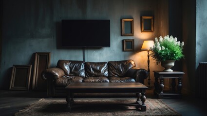 Living room ambiance featuring a leather sofa, wooden coffee table, plant, and a TV set against a concrete wall.