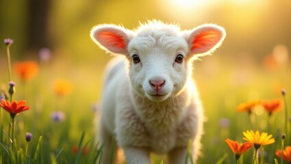 Obraz premium Young lamb gazing at the camera in a flower-filled meadow.