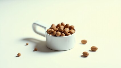 A measuring cup contains unusual pieces and multiple kibbles. For a medium to large dog, serve 1 cup of dry pet food. Small, oval, brown stones. A singular image against a white backdrop.