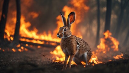 Obraz premium Rabbit amid a blazing forest. Wild creature surrounded by flames and smoke.