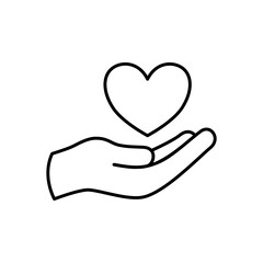 Heart in hand line icon on white background.