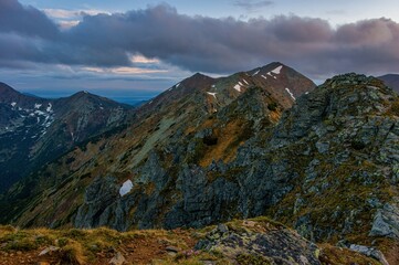 Fototapeta premium ridge of mountain peaks. Otrhance mountain ridge, Western Tatras mountains, Slovak republic. Hiking theme. Seasonal natural scene.