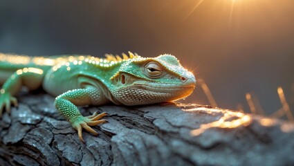 Naklejka premium The lizard basks in the warmth of the early spring sun.