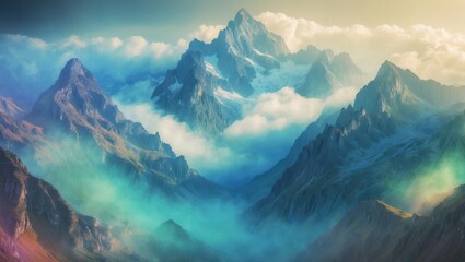 Obraz premium Majestic peaks enveloped in mist throughout the day