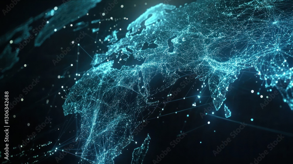 Poster illuminated network of connectivity displaying a digital globe with glowing nodes and lines represen