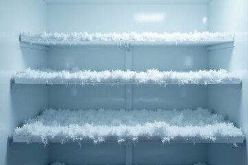 Empty freezer shelves covered in a thick layer of frost and ice crystals