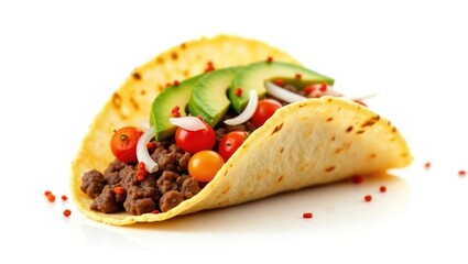 A taco featuring meat, tomatoes, avocado, onions, and chili, set against a white backdrop, isolated with a clipping path.