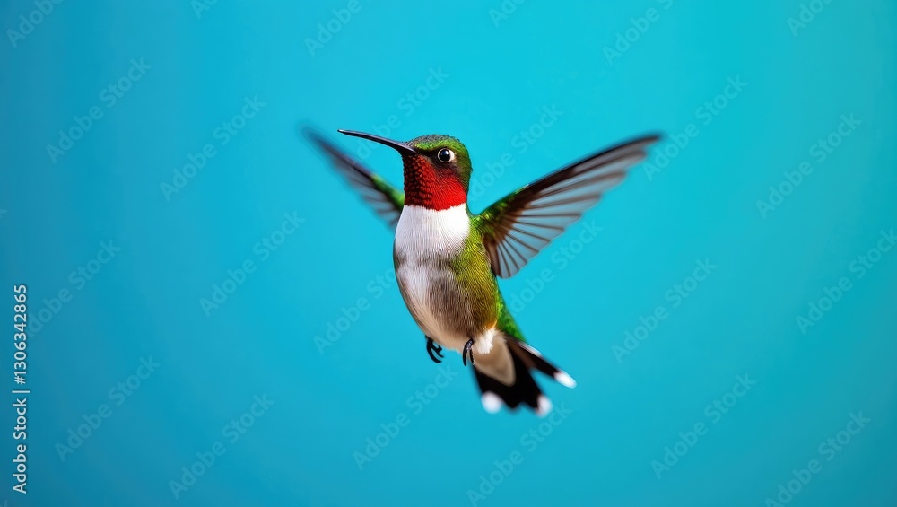 Poster close-up of a hummingbird. a male ruby-throated hummingbird hovering against a blue backdrop. captur