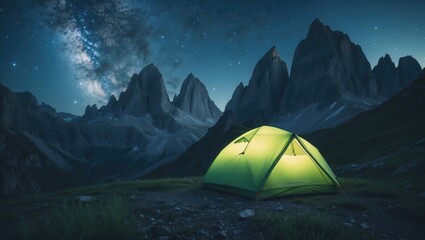 Illuminated green tent set against a stunning star-filled sky and the majestic Three Peaks of Lavaredo mountains. Tre Cime di Lavaredo National Park, Dolomites, Italy. Landscape photography.