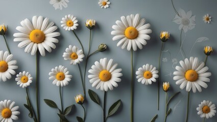 Fototapeta premium Illustrated floral design featuring a mix of large and small daisies. A stylish flat aesthetic showcases the blooms against a subtle backdrop, perfect for summer-themed clothing, fabric, and textiles.