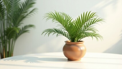 Potted Areca palm (Dypsis lutescens) placed on a white table indoors.