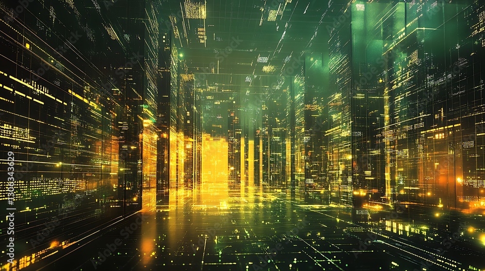 Poster navigating a virtual cityscape with glowing data and futuristic design