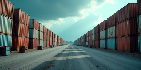Fototapeta premium Rows of weathered cargo containers line a sun-drenched roadway, creating a striking perspective of global trade and industrial transport.