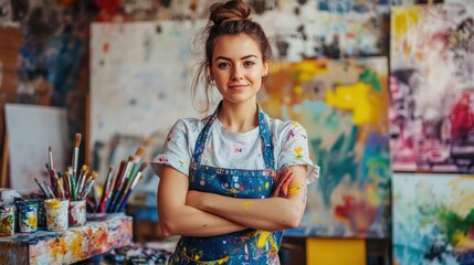 A young female artist stands confidently in her vibrant studio, surrounded by colorful paints and art supplies, showcasing her creative talent and passion.