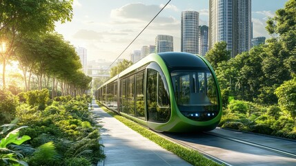 Naklejka premium Future-Ready Green Transportation Networks with Modern Tram in Urban Landscape