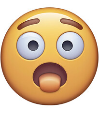 Fototapeta premium Surprised emoji with wide eyes and open mouth, sexpressive round yellow face with raised eyebrows, 3D-rendered glossy emoticon on transparent background