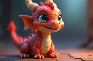 3D render of cute adorable cartoon dragon with horns and spiky back. Orange reptile smiles, has big green eyes with eyelashes. Generative AI artwork concept, mascot character for kids.