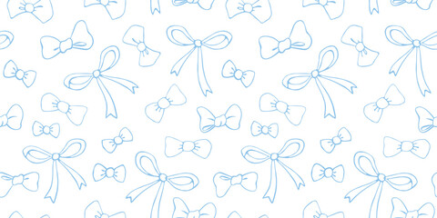 Seamless pattern with outline blue different bows, ribbons. Cute fun simple abstract vector background, texture for fabric, wrapping paper, kids design