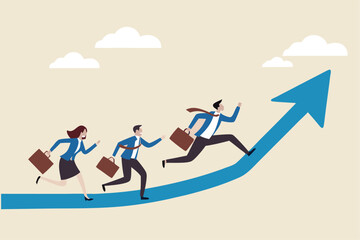 Growth strategy, career path development or growing business, employee training or improvement, job promotion concept, businessman people employees running on career path arrow in rising up direction.